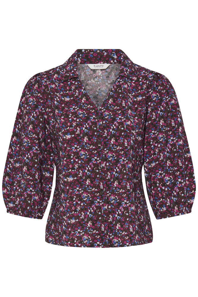 A women's long-sleeve blouse with a small-scale floral and abstract print in dark purple, pink, and blue on a black background, featuring a V-neckline and gathered sleeves.