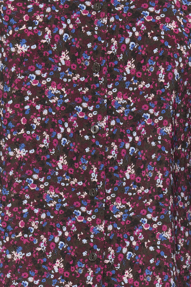 Close-up of a dark brown button-front shirt with an all-over dense floral print in pink, purple, blue, and white.