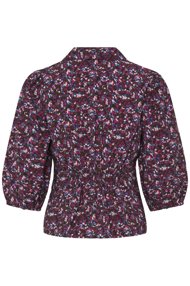 A women's long-sleeve blouse with a dense, small-scale floral print in deep purple, burgundy, and white, featuring a pointed collar and gathered waist.