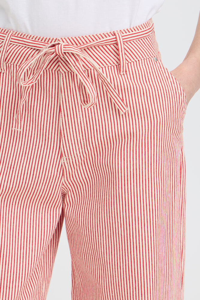 Red and white striped pants with a tie waist on a white background