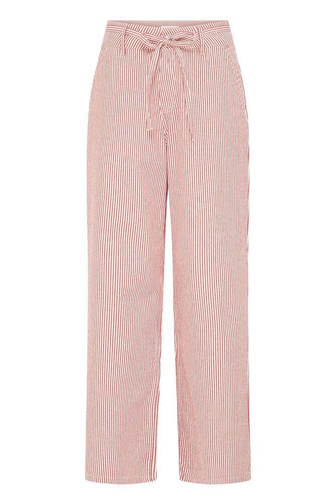 Flat lay of red & white striped trousers