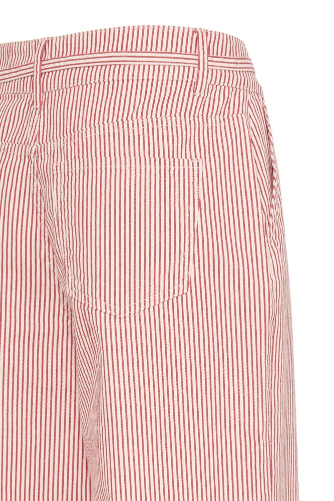 Close-up of a red and white striped trousers with a pocket on a white background