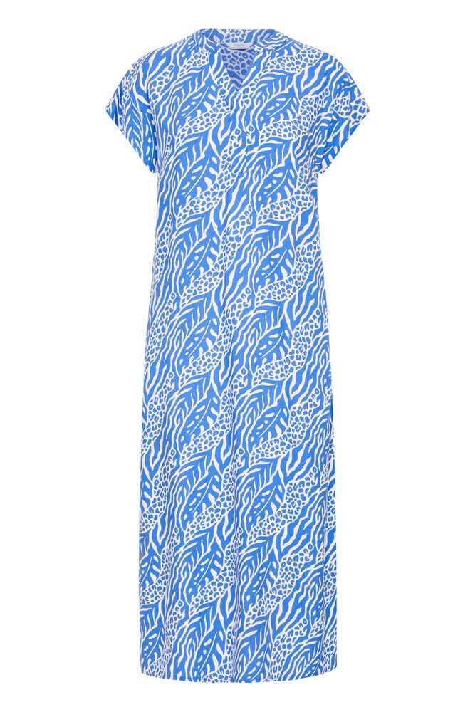 Blue and white patterned dress on a white background