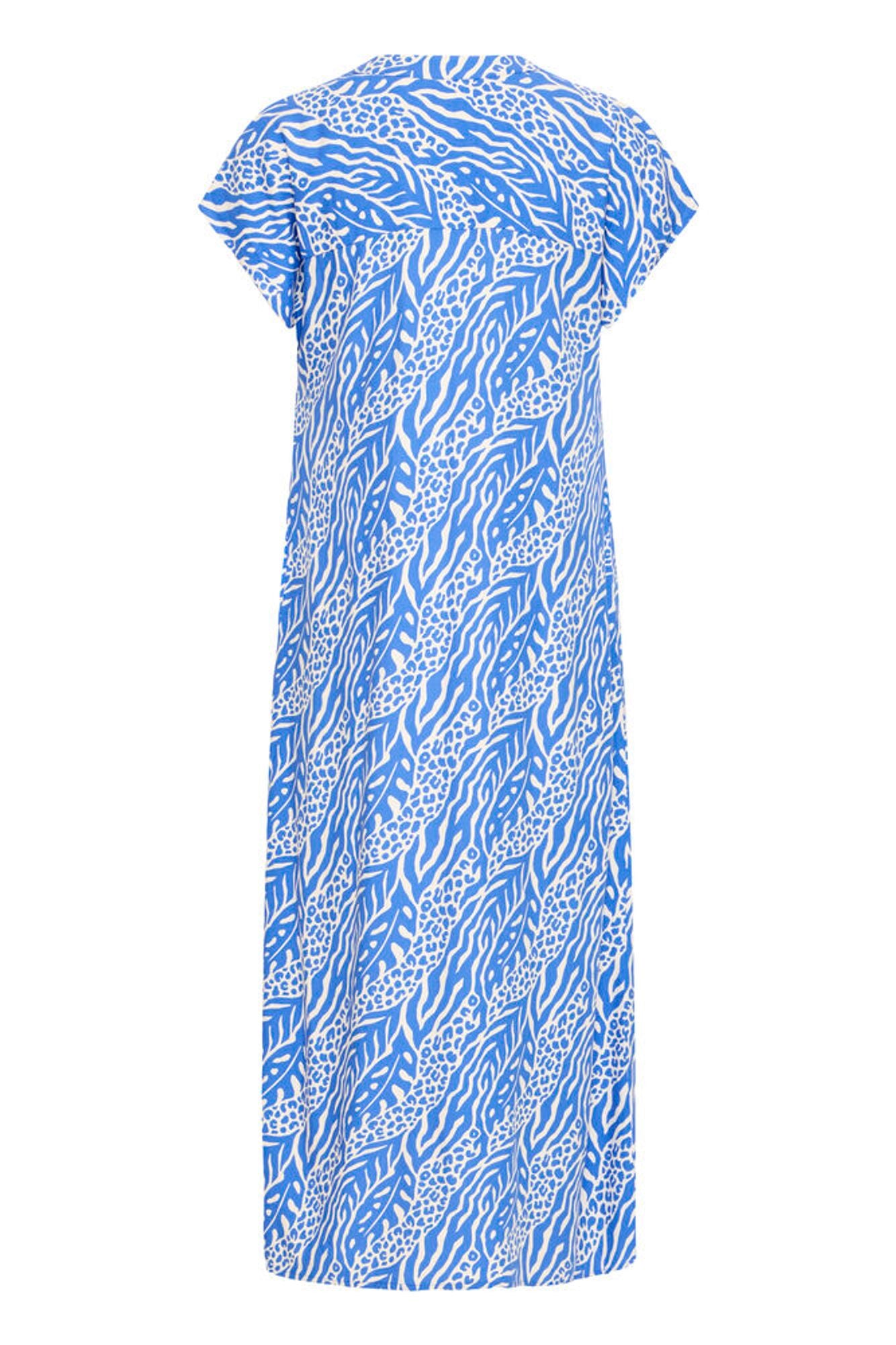 Blue and white patterned dress on a white background