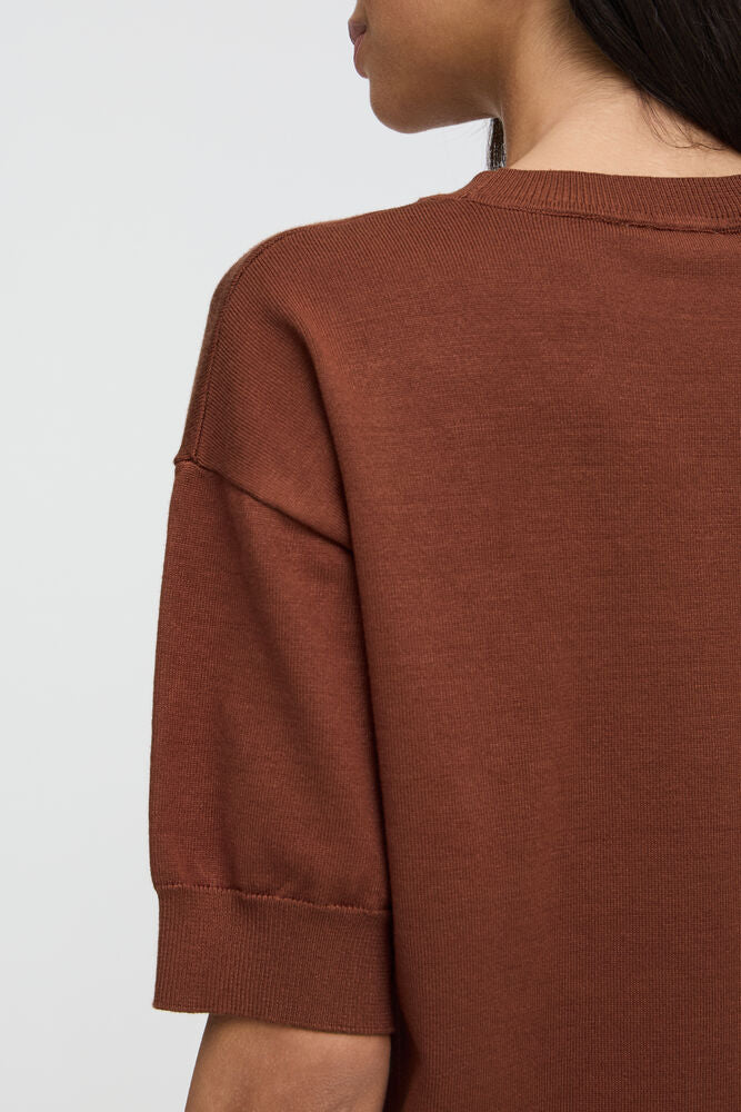 Close-up back view of a person wearing a rust-brown short-sleeve knit top or sweater against a light gray background.