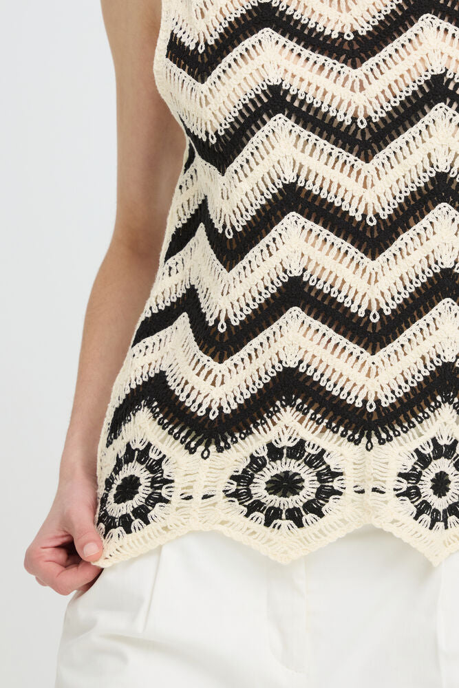 Close-up of a black and white zigzag patterned sleeveless top.