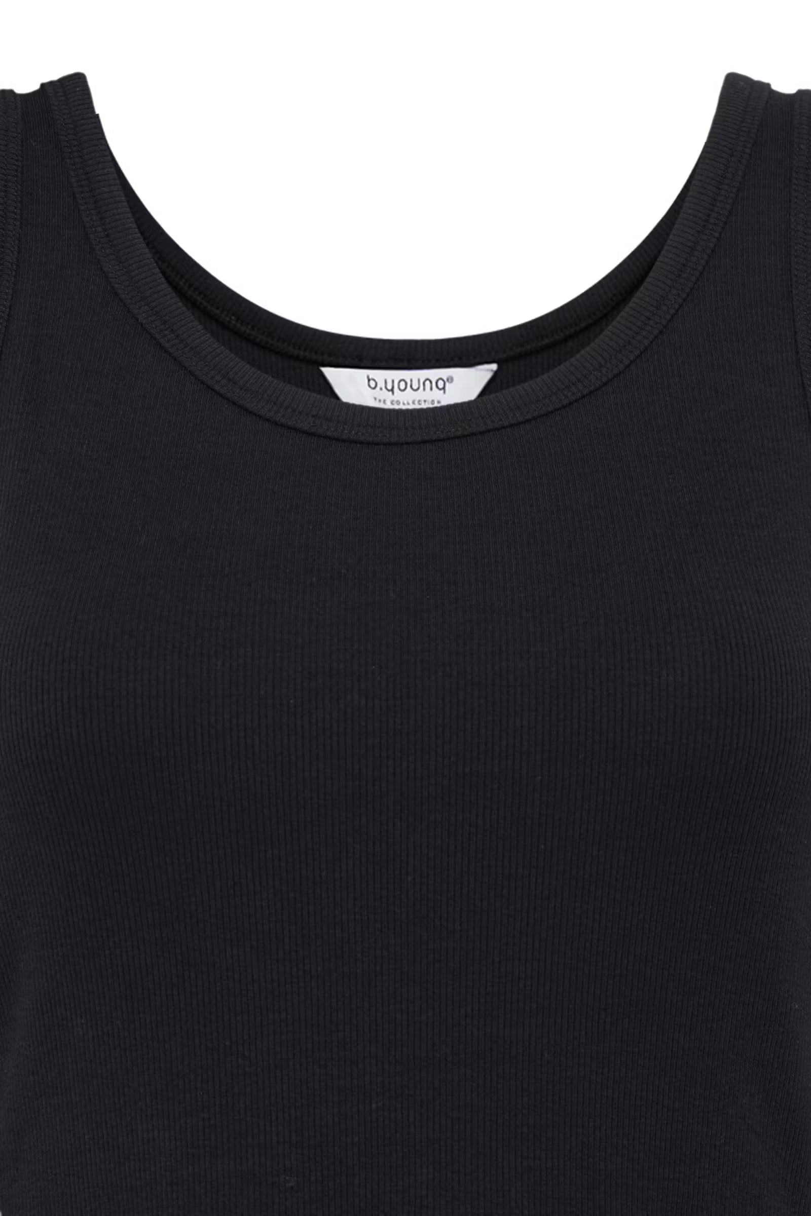 Black dress with a brand label on a white background
