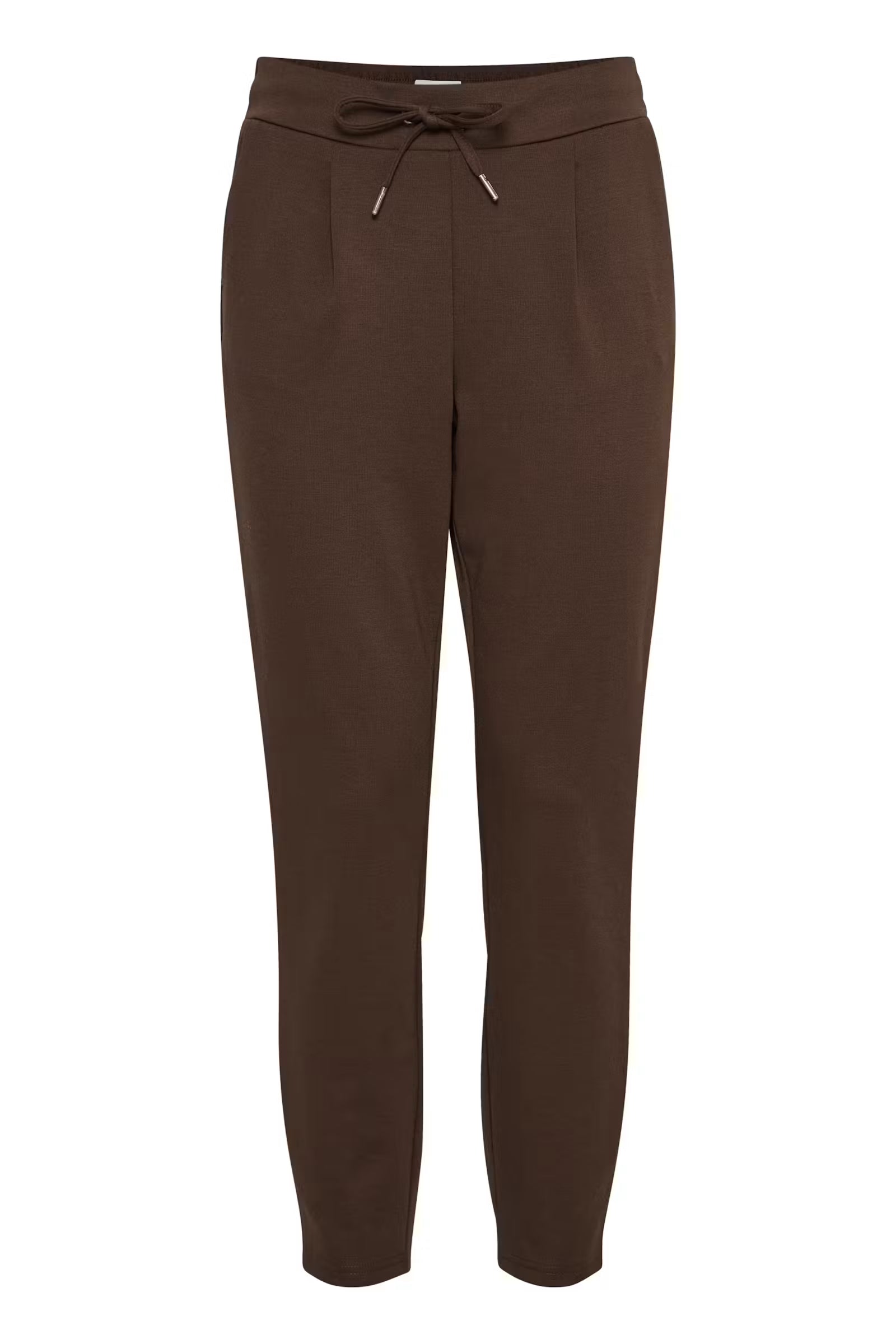 A pair of dark brown cropped pants with an elastic waistband and drawstring, shown against a plain white background.