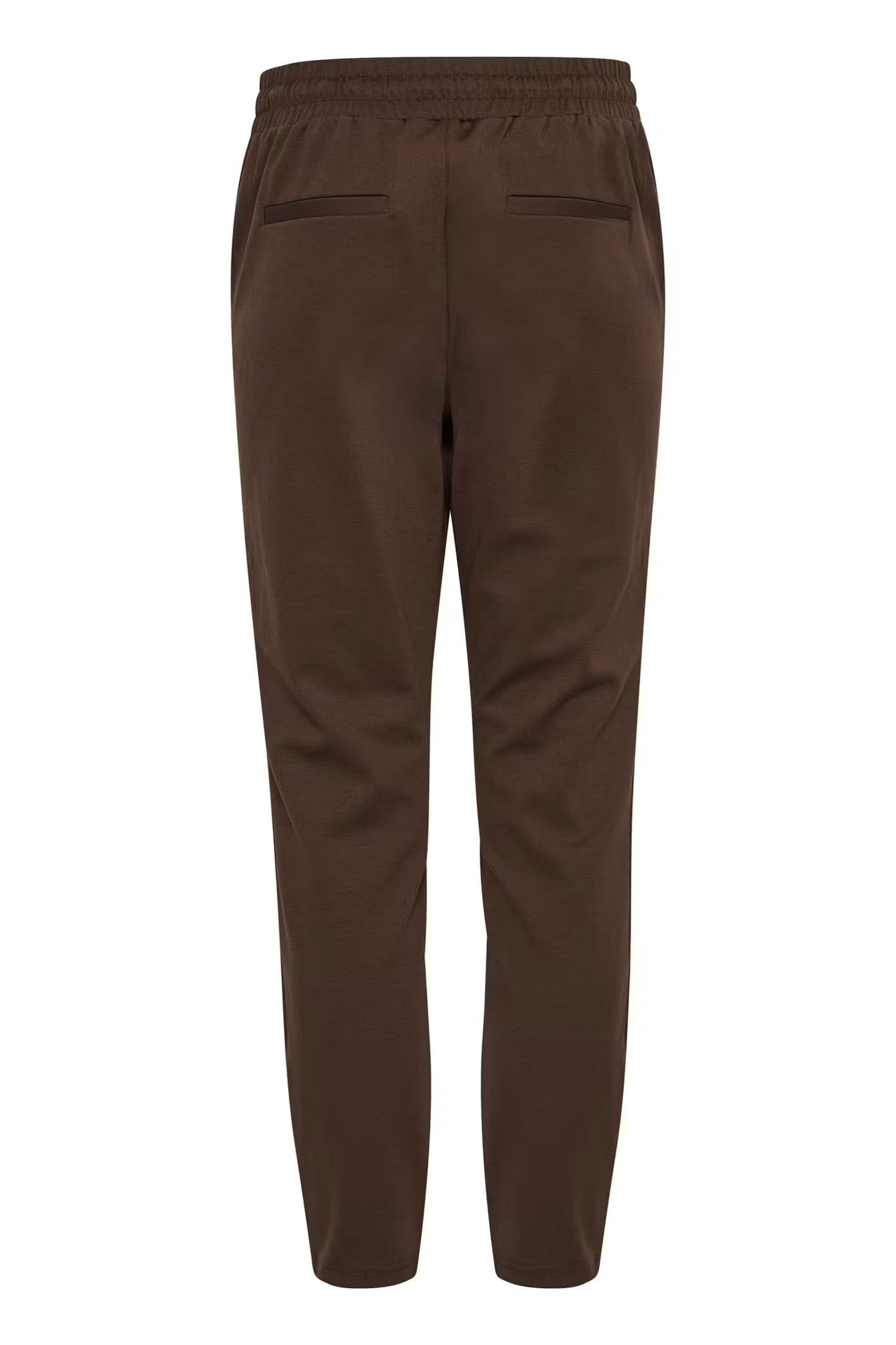 A pair of dark brown trousers shown from the back, featuring an elastic waistband and two welt pockets, set against a plain white background.