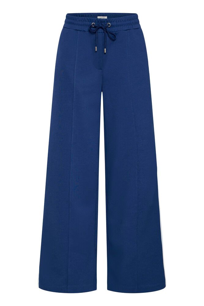 Blue wide-leg pants with a drawstring waist on a white background