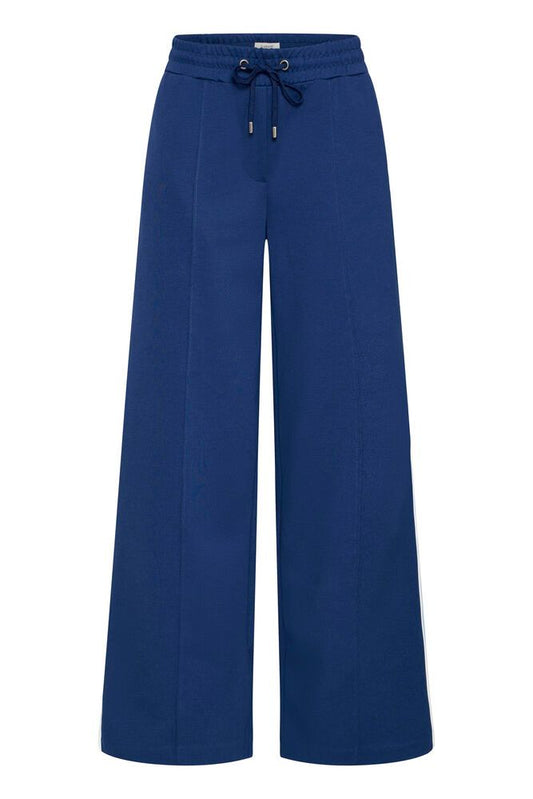 Blue wide-leg pants with a drawstring waist on a white background