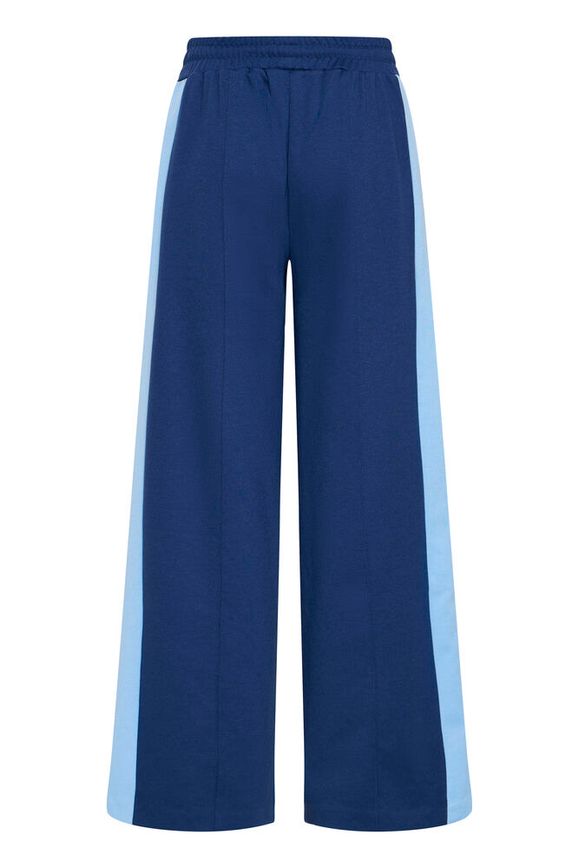 Blue pants with light blue side stripes on a white background