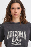 Person wearing a gray 'Arizona' t-shirt with a logo on a white background