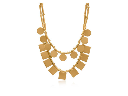 Gold necklace with circular and square pendants on a white background
