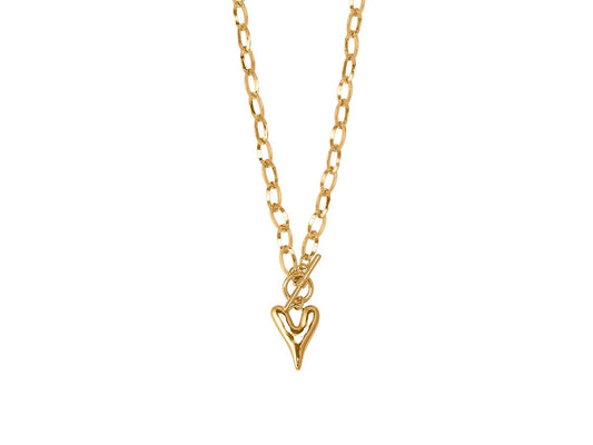 Gold necklace with a heart-shaped pendant on a white background
