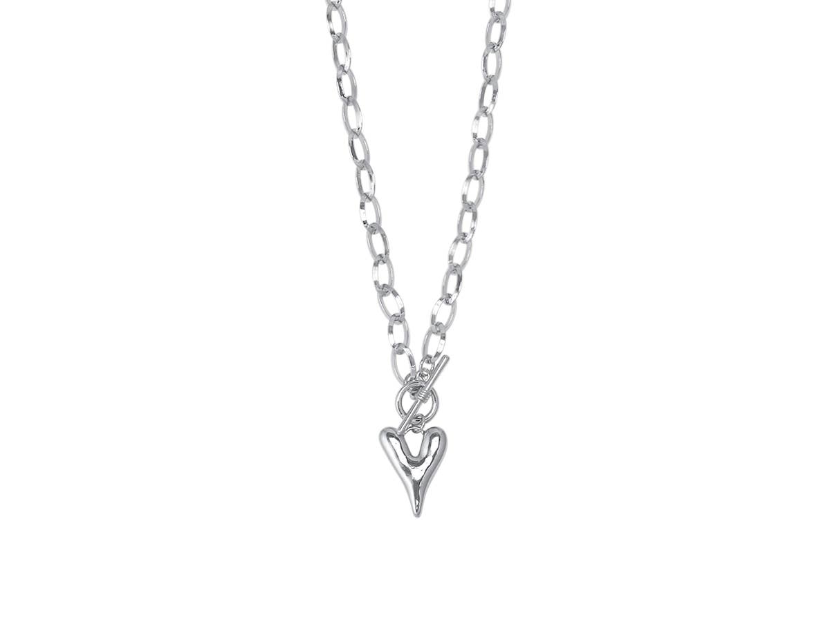 Silver heart-shaped pendant on a chain against a white background