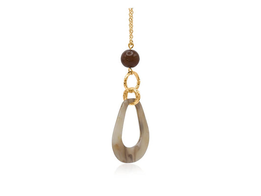 Jewelry necklace with gold chain, brown bead, and gray pendant on a white background