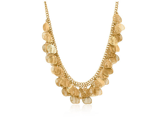 Gold necklace with leaf-like pendants on a white background