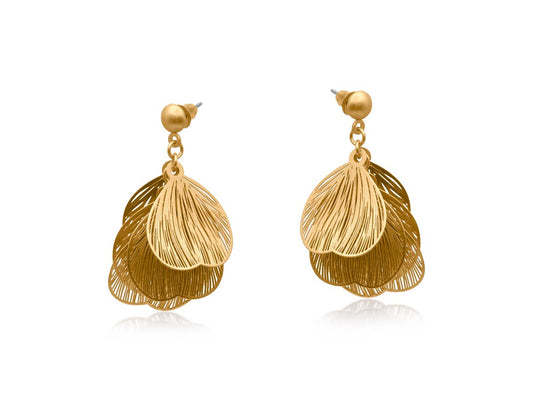 Gold leaf-shaped earrings on a white background