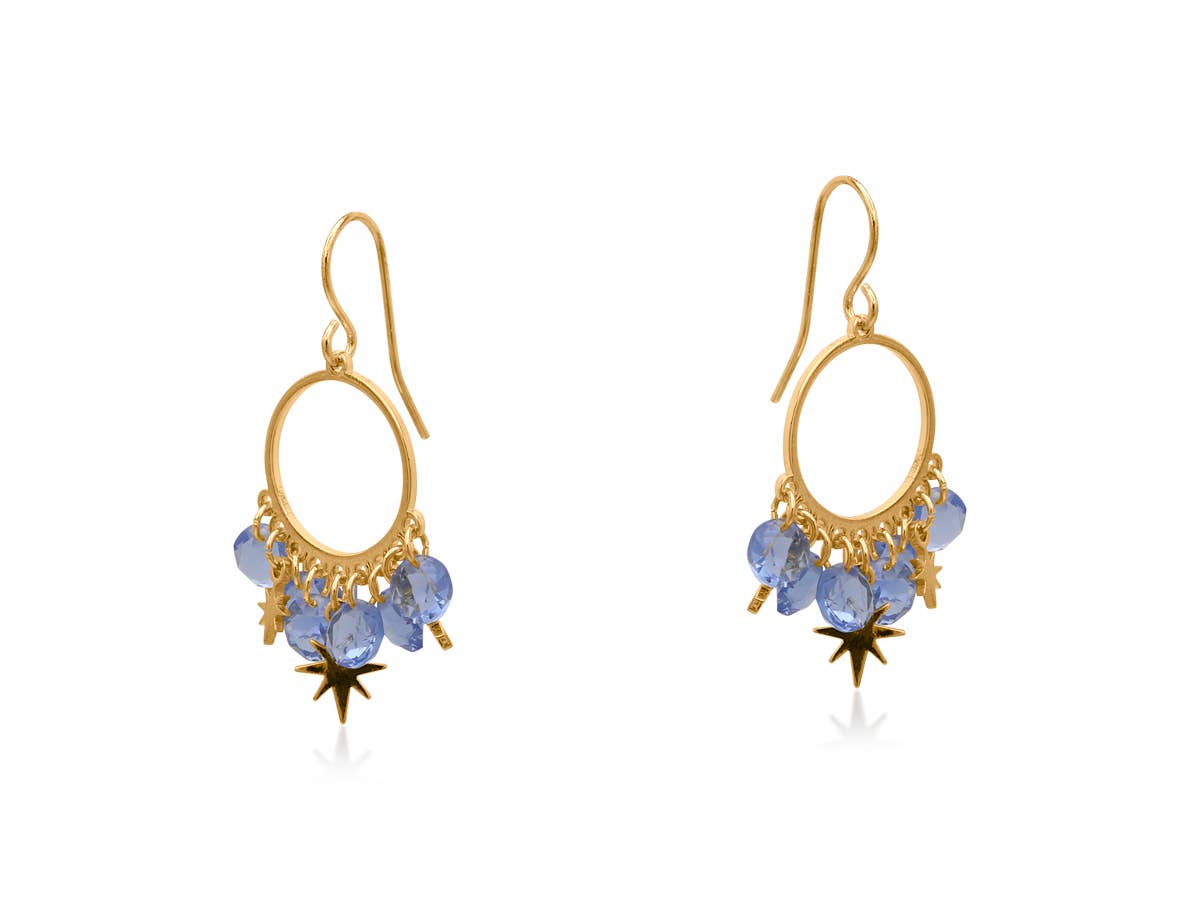 Gold hook earrings with blue gem and gold star hanging details