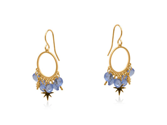 Gold hook earrings with blue gem and gold star hanging details