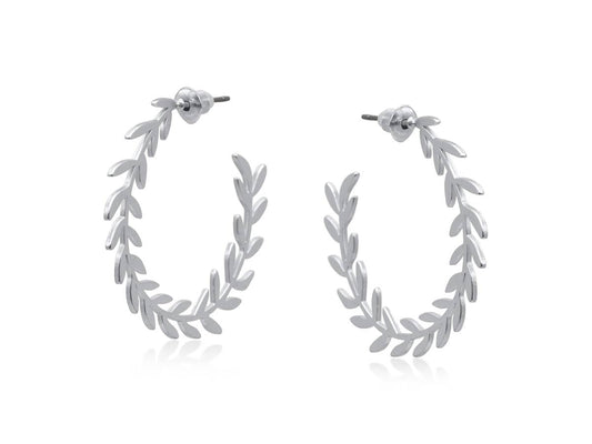Silver leaf hoop earrings on a white background