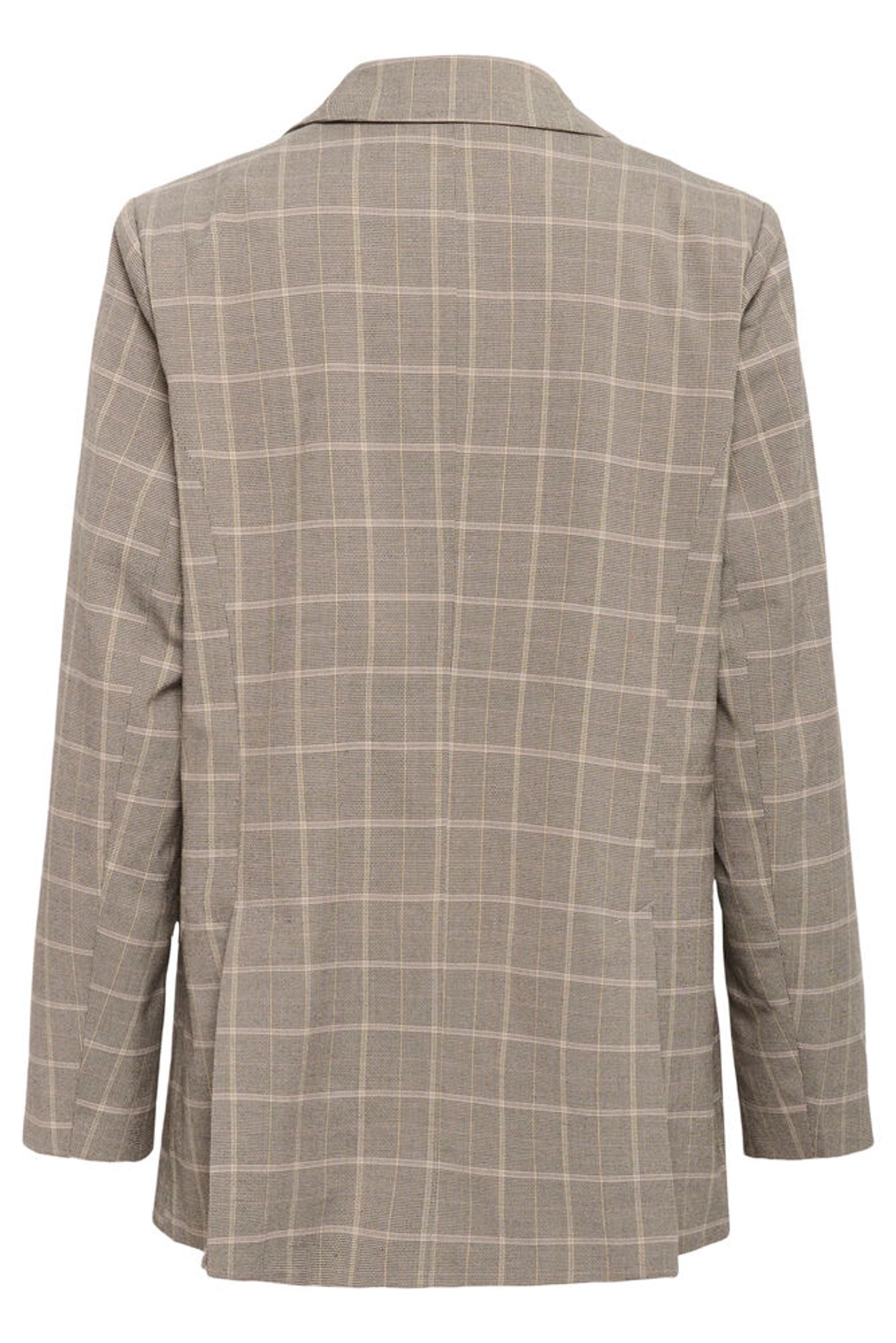 Back view of a brown checkered blazer on a white background