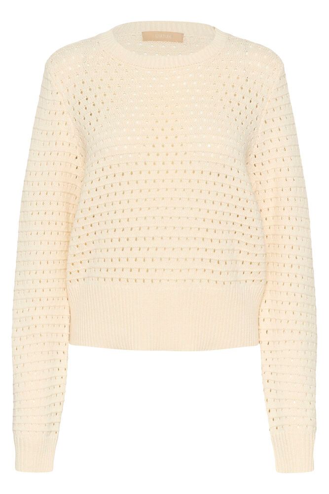 Cream-colored knitted sweater on a white background