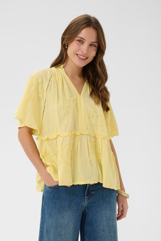Woman wearing a yellow layered blouse and blue jeans on a white background