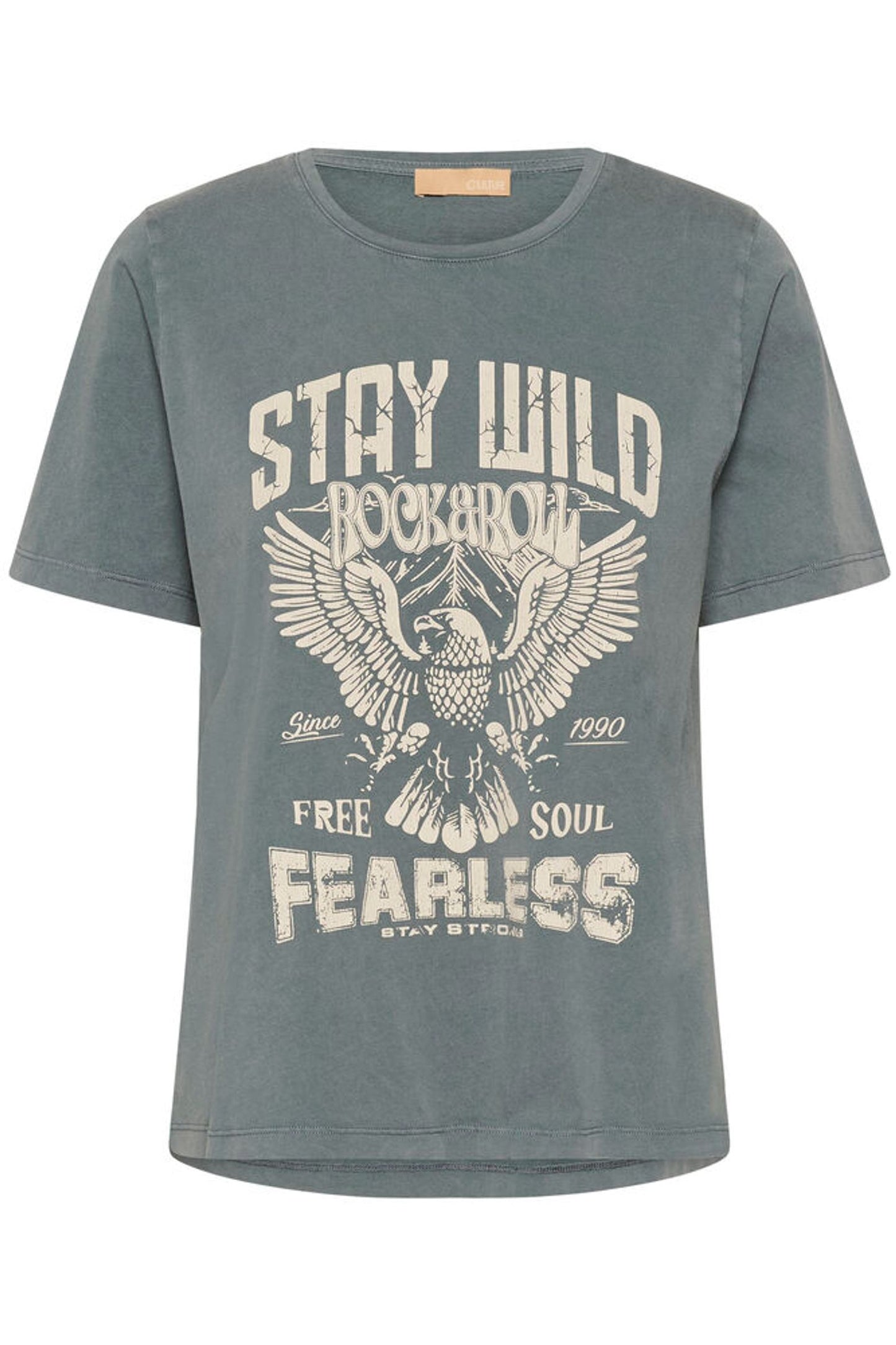 Gray t-shirt with graphic design and text on a white background