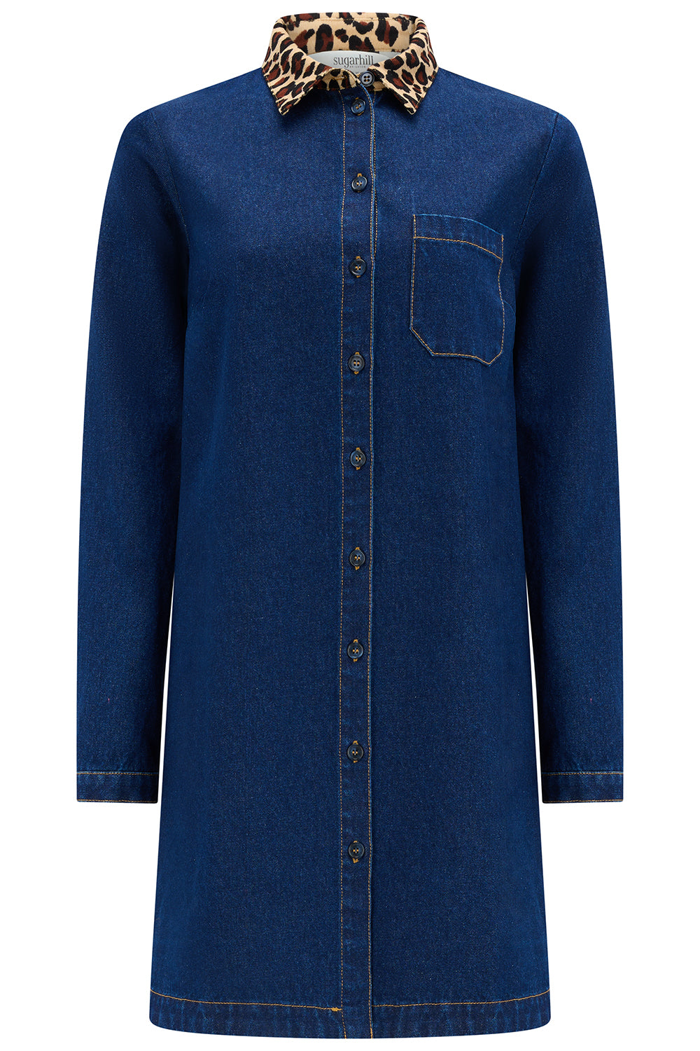 Sugarhill |Isla Denim Shirt Dress | Leopard Collar