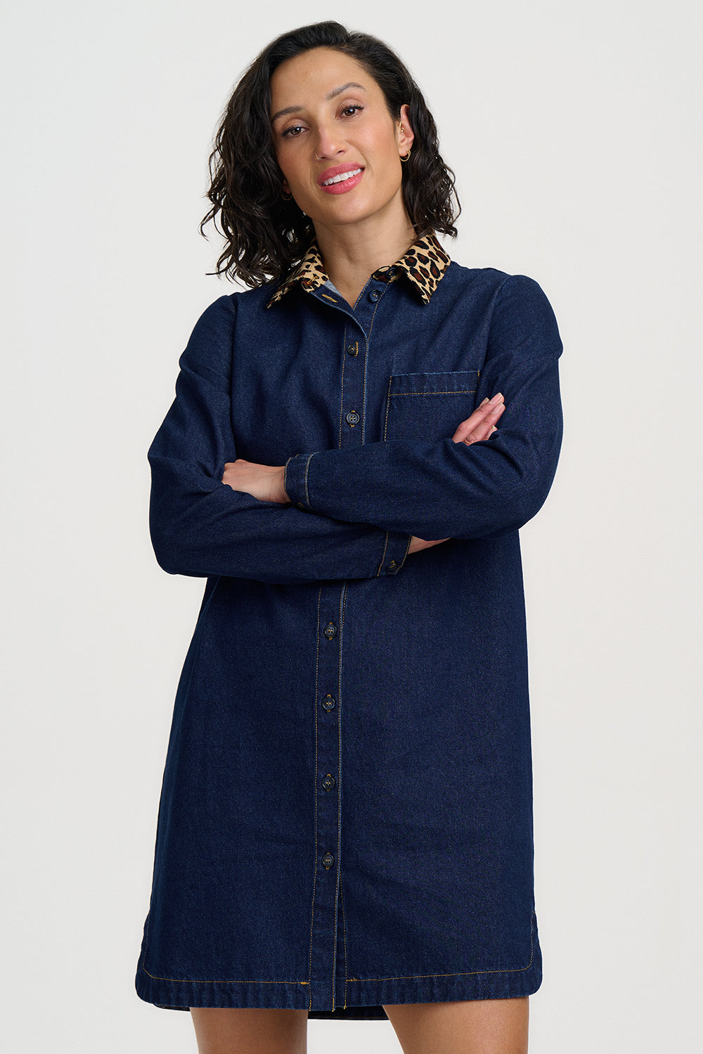 Sugarhill |Isla Denim Shirt Dress | Leopard Collar