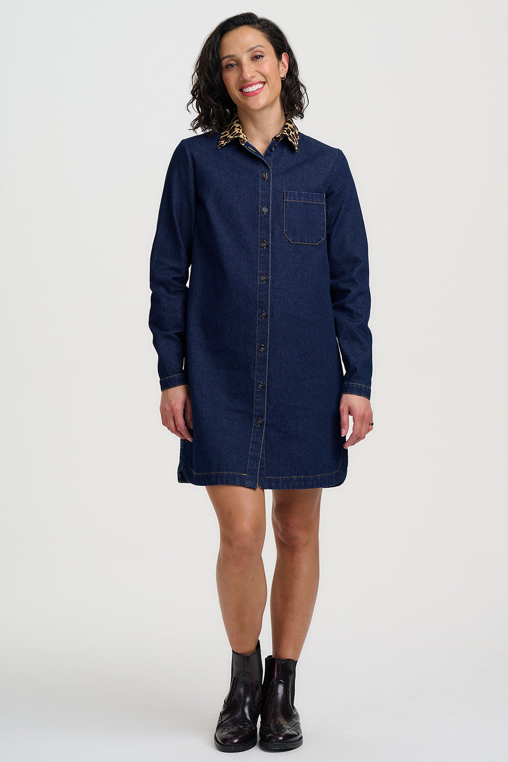 Sugarhill |Isla Denim Shirt Dress | Leopard Collar