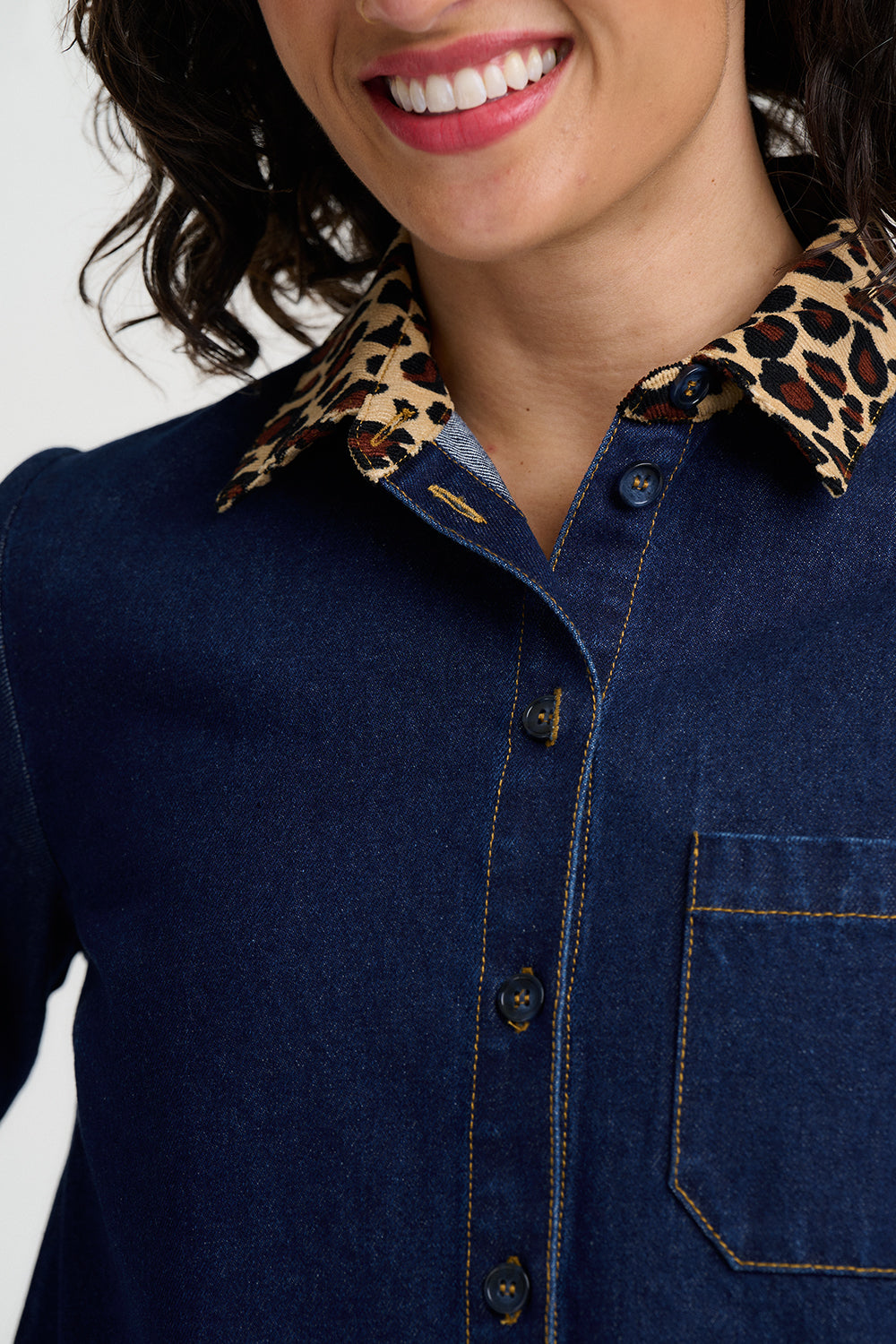 Sugarhill |Isla Denim Shirt Dress | Leopard Collar
