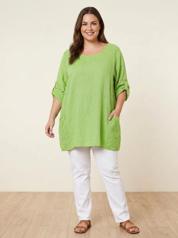 Curve Cotton Tunic Top with Eyelet Back Detail & Pockets | Lime