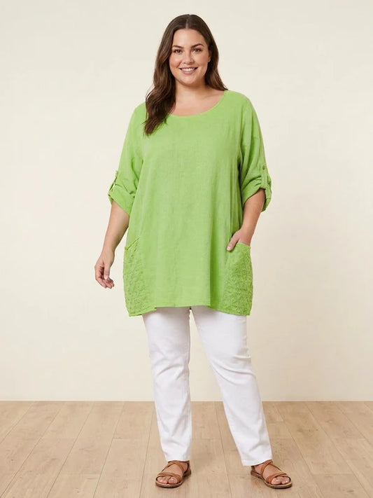 Curve Cotton Tunic Top with Eyelet Back Detail & Pockets | Lime