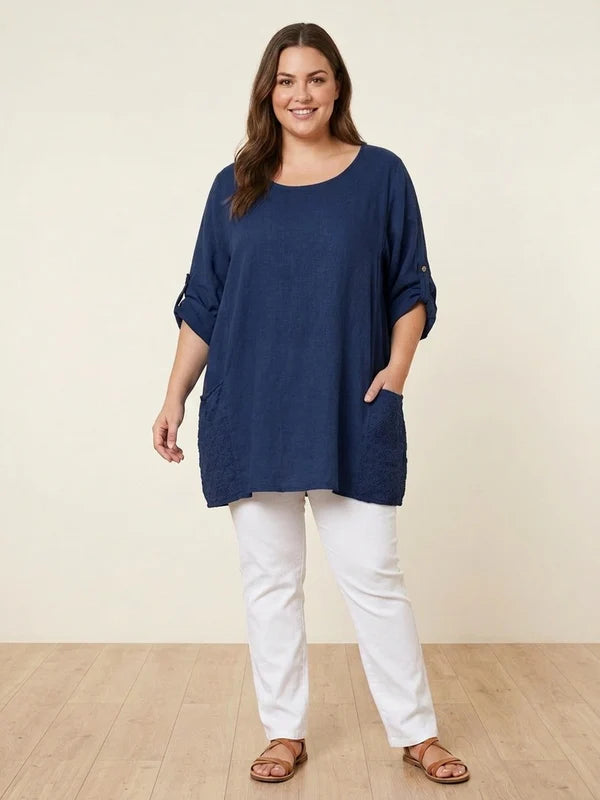 Curve Cotton Tunic Top with Eyelet Back Detail & Pockets | Navy