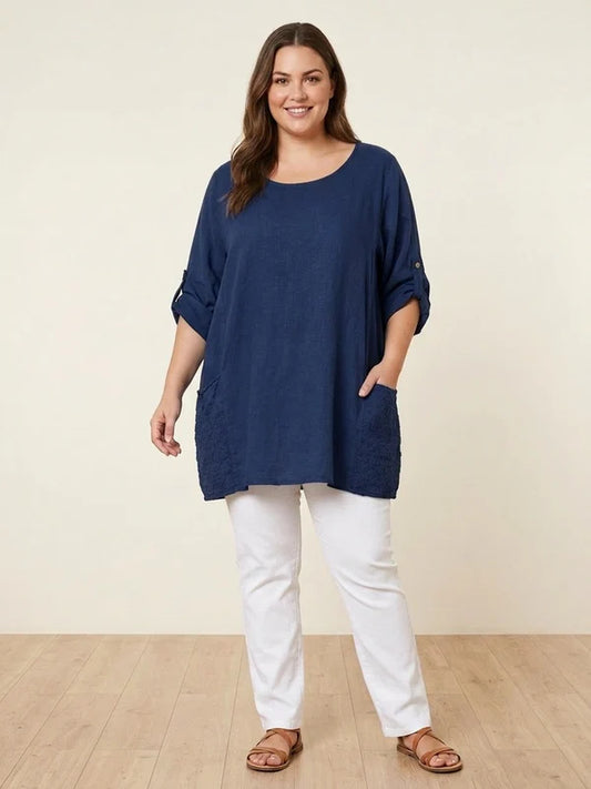 Curve Cotton Tunic Top with Eyelet Back Detail & Pockets | Navy