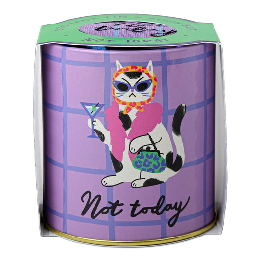 Socks in a decorative tin with a cat illustration and 'Not today' text on a purple background