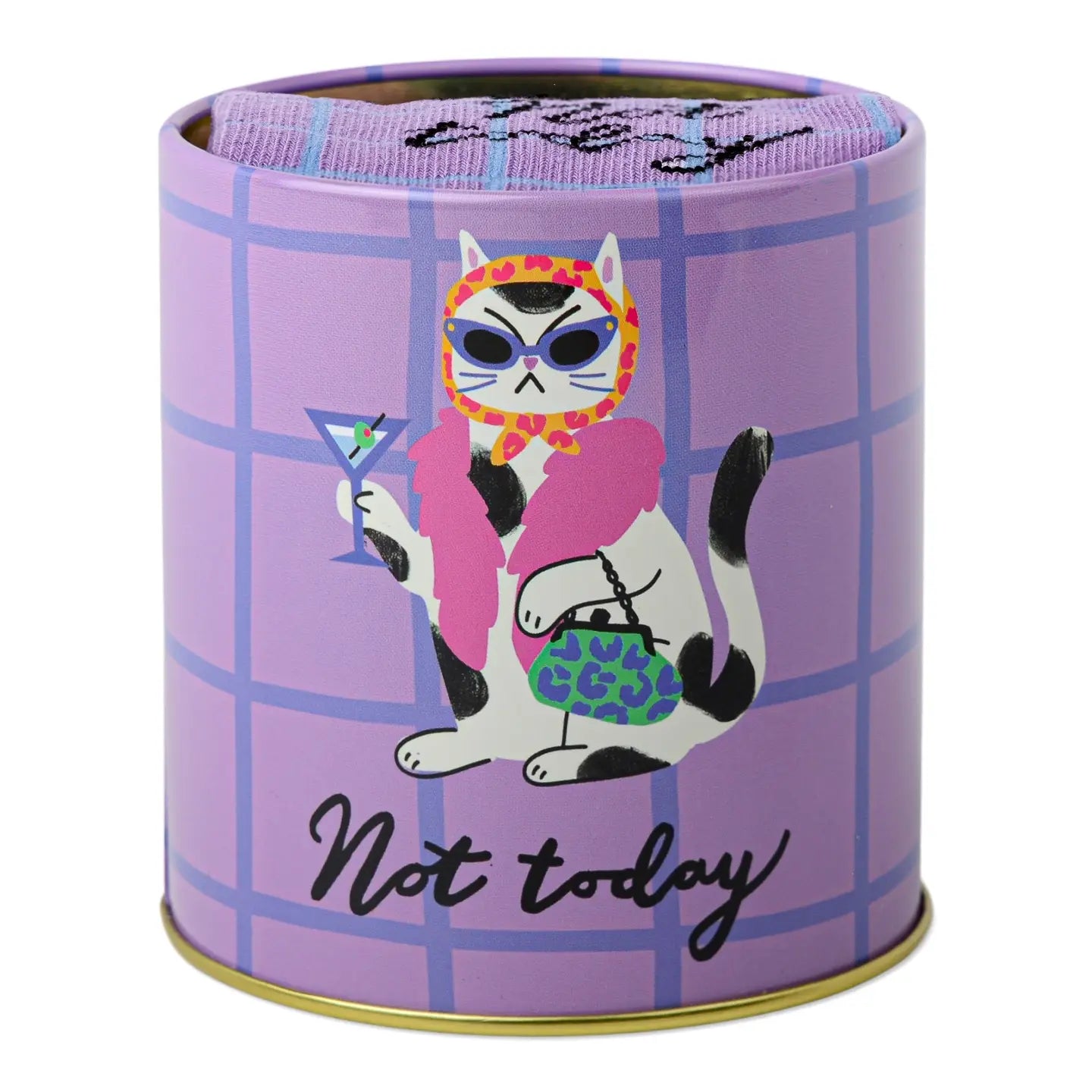 Purple tin can with a cat illustration and 'Not today' text on a white background