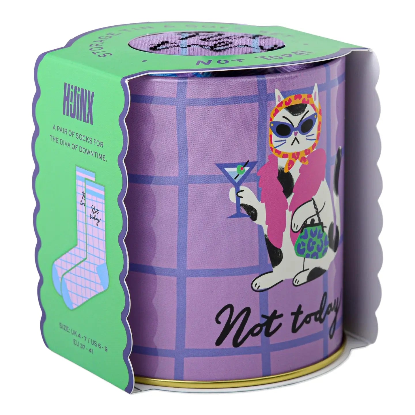 Socks in a tin with a cat illustration and 'Not today' text on a white background