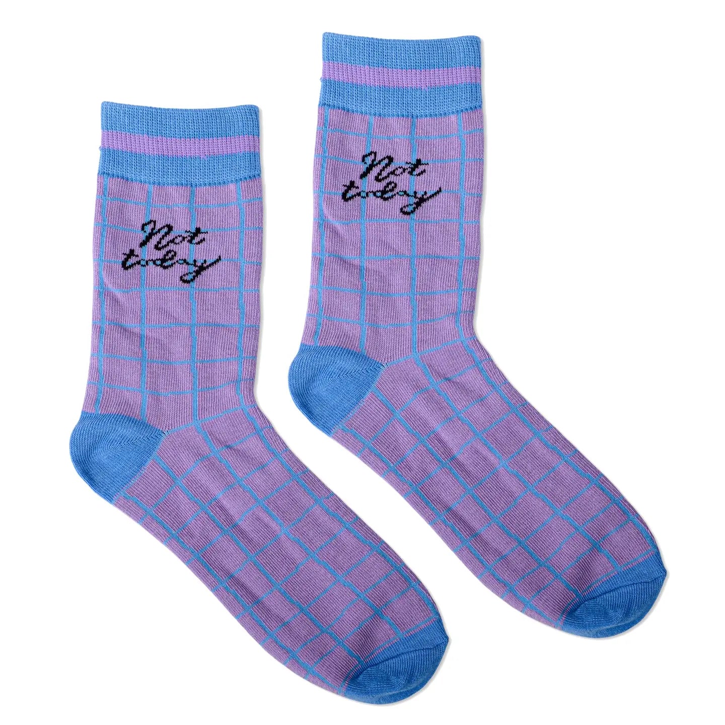 Purple socks with blue accents and 'Not today' text on a white background