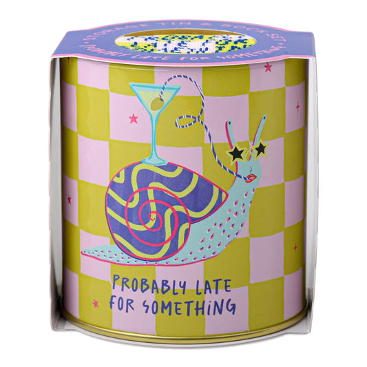 Decorative tin with a snail and cocktail design, labeled 'Probably Late for Something', on a checkered background.