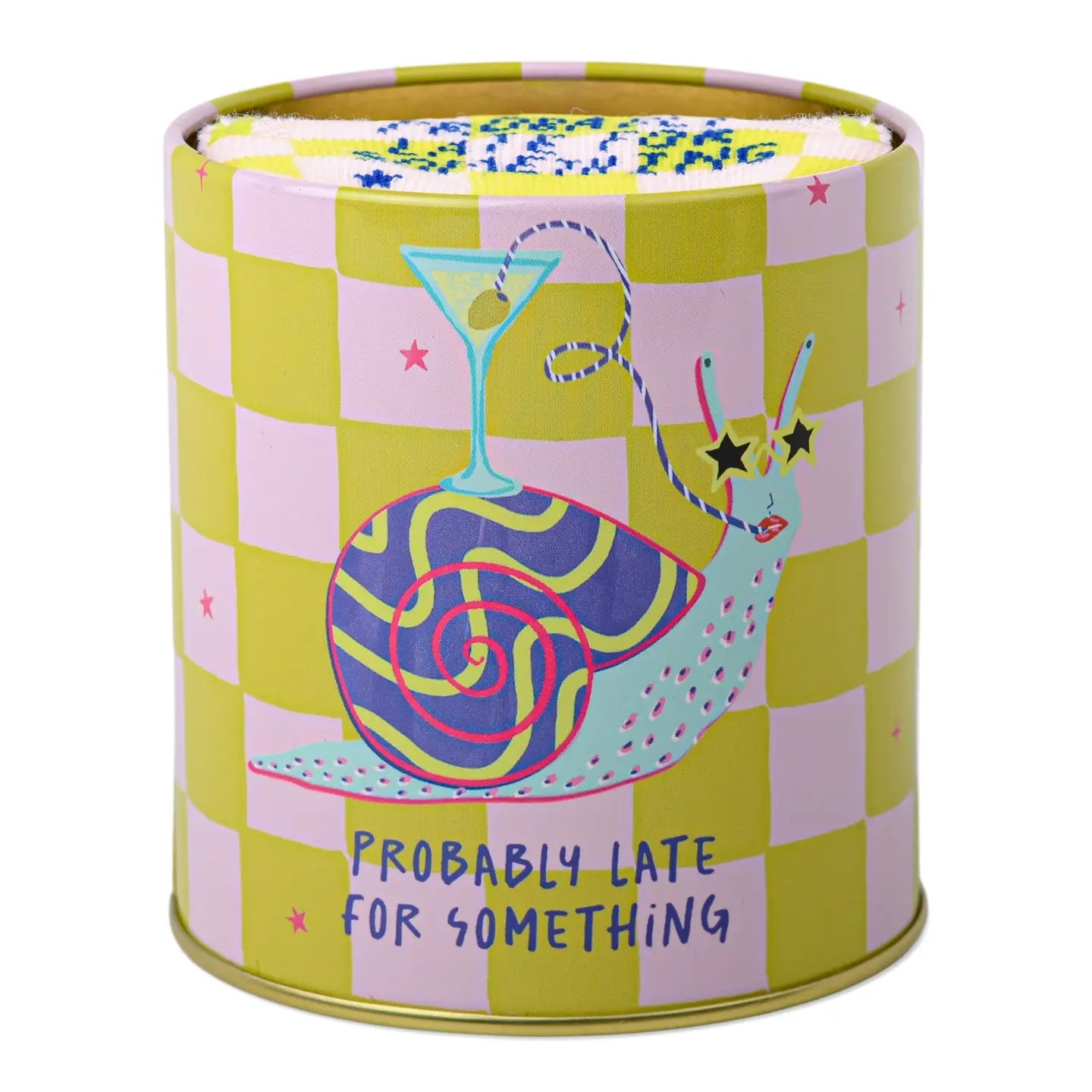 Decorative cylindrical tin with a snail illustration and text on a checkered background