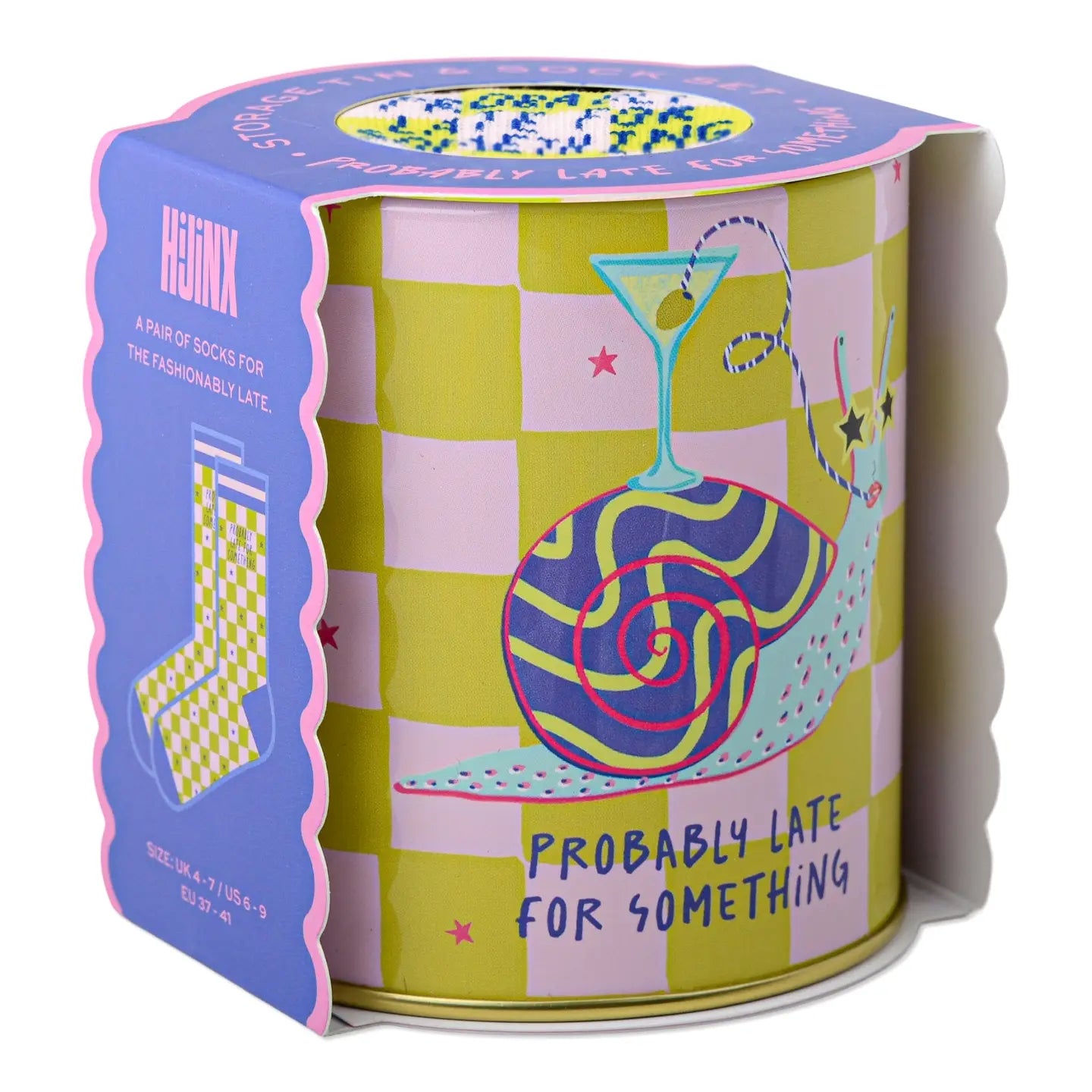 Colorful packaging of socks with cocktail-themed design on a white background
