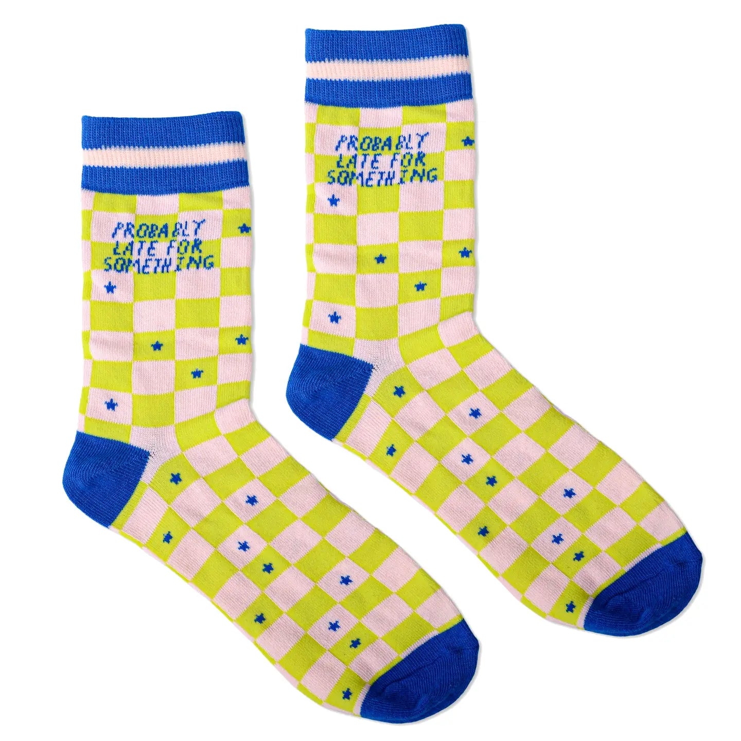 Colorful socks with text and patterns on a white background