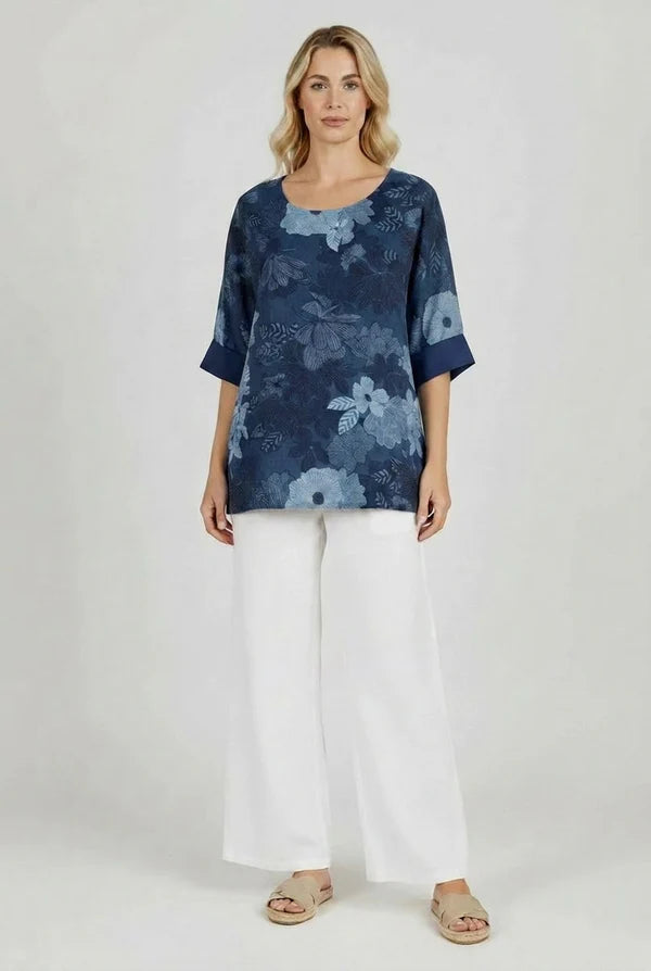 Italian Floral Plus Size Lagenlook Cotton Top | Navy