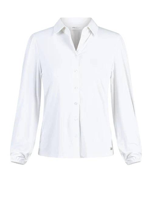 A white long-sleeve button-up shirt with a pointed collar and button front, shown on a plain white background.