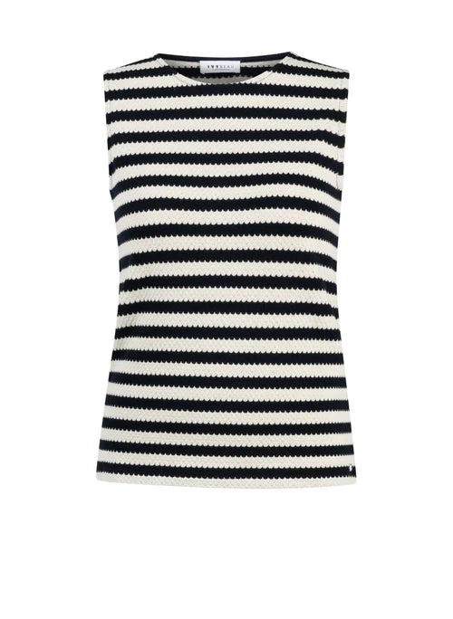 A sleeveless knit top with horizontal navy  and off-white wavy stripes, shown flat against a white background.