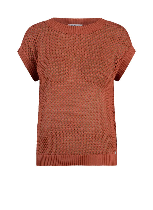 A short-sleeve knit top in a warm terracotta or rust color, featuring a textured openwork pattern and ribbed collar, cuffs, and hem, shown against a plain white background.